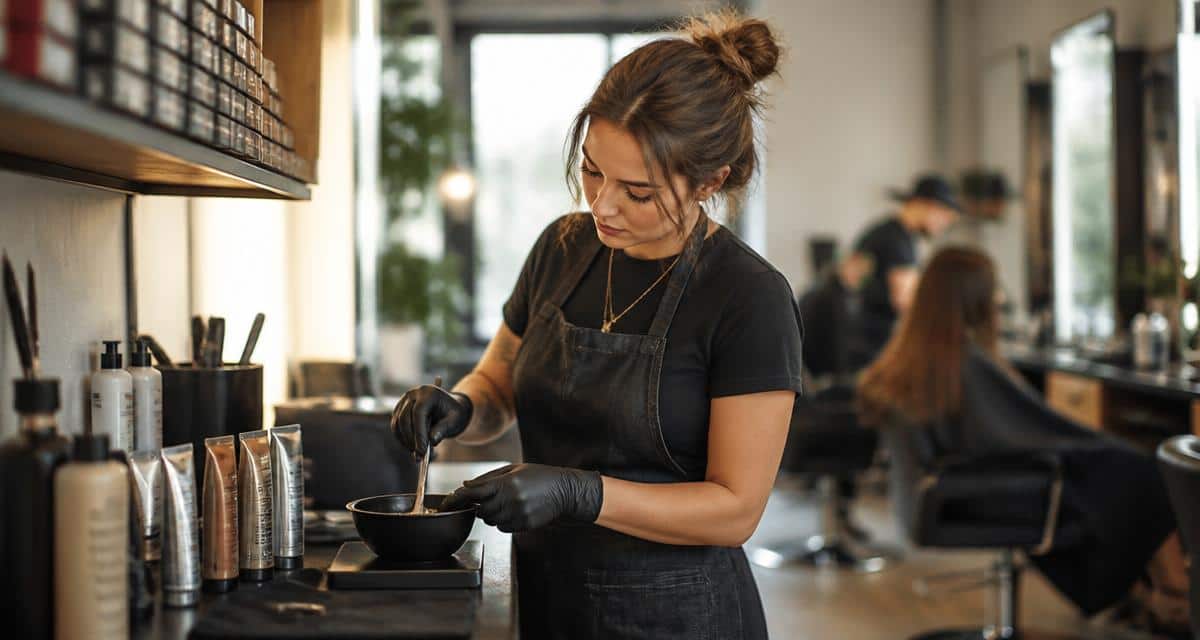 Photograph of a colourist weighing colour and developer in a bowl at the salon backbar.