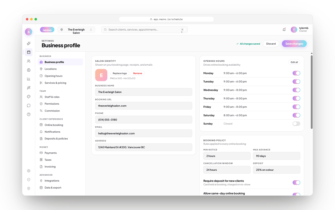 NeonO business profile settings: booking URL, opening hours and booking policy with deposits and a cancellation window