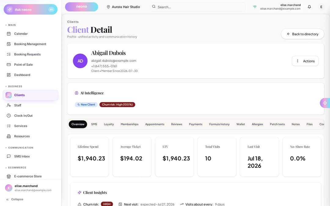 NeonO client detail for Abigail Dubois: $1,940.23 lifetime spend, $194.02 average ticket, 10 visits, 0% no-show rate, churn risk flagged high with a next visit expected around July 27
