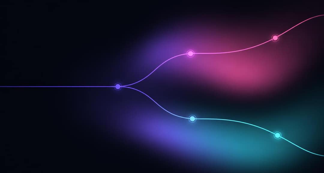 Abstract brand artwork of a single flow line splitting into two diverging channels.