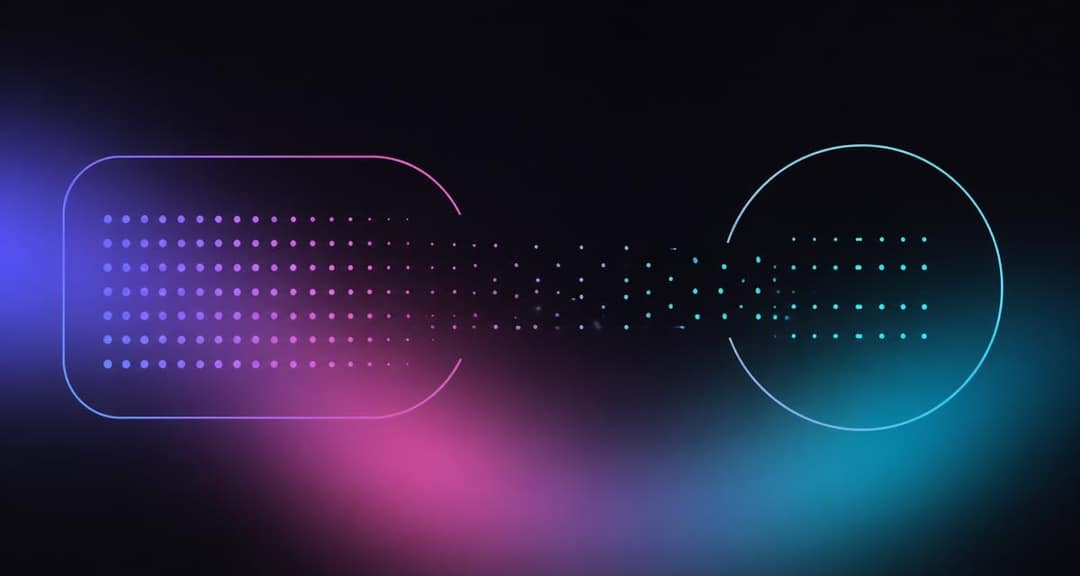 Abstract brand artwork of data points migrating from one container outline into another.