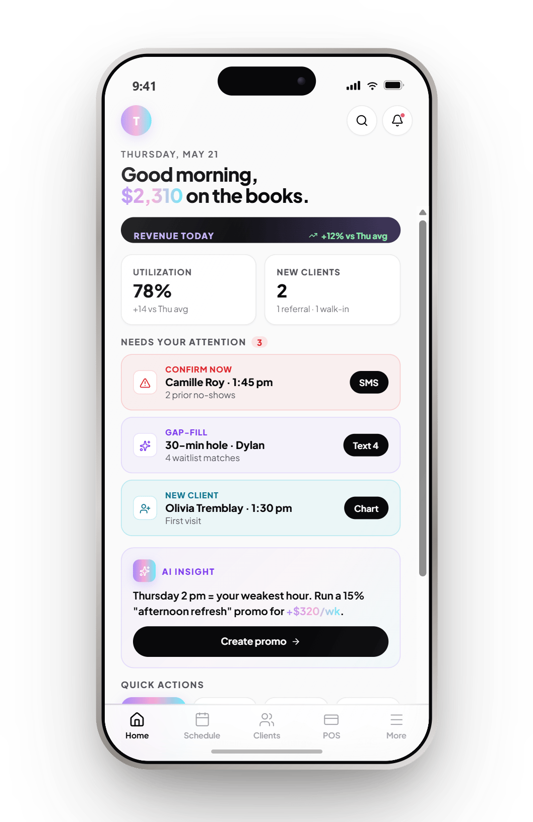 NeonO owner dashboard on a phone: $2,310 booked today, 78% utilization and an AI insight