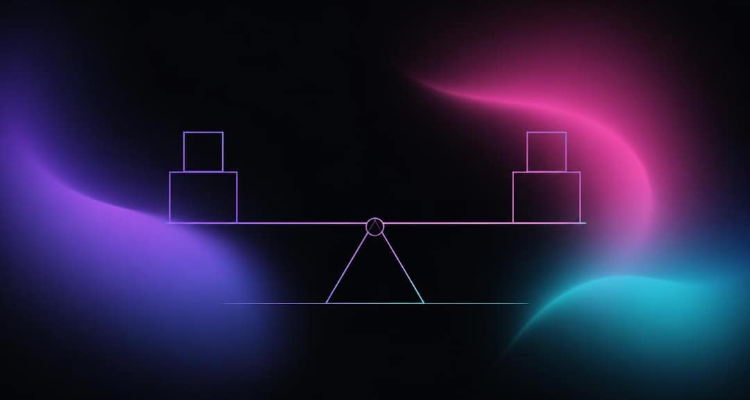 Abstract brand artwork of a balance beam weighing two stacked blocks.