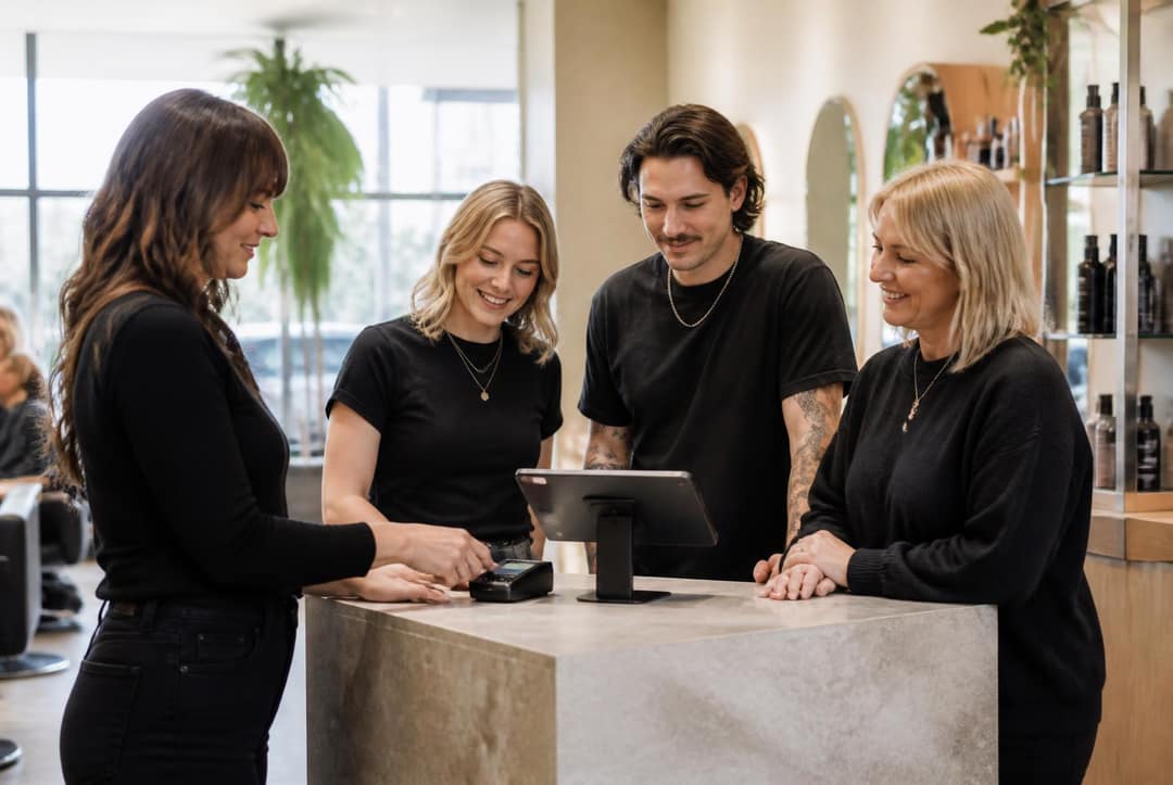Salon team gathered at the front desk around the NeonO point-of-sale tablet and card reader at the end of a shift