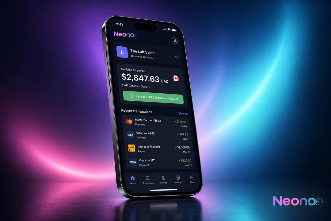 NeonO earnings screen on a phone showing $2,847.63 CAD available for payout to an RBC Business Account for The Loft Salon