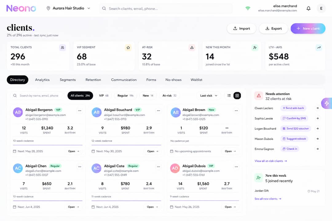 NeonO clients directory: 296 clients, 68 VIP, 32 at-risk, $548 average lifetime value, with per-client visit cadence and a needs-attention list offering win-back, SMS and voucher actions