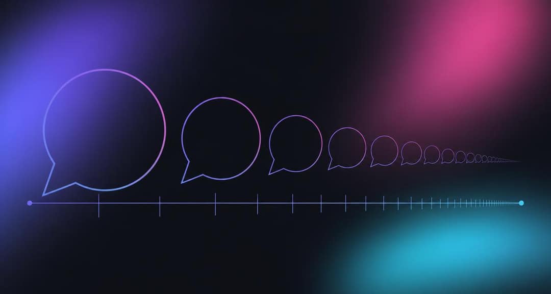 Abstract brand artwork of chat bubbles diminishing along a timeline.