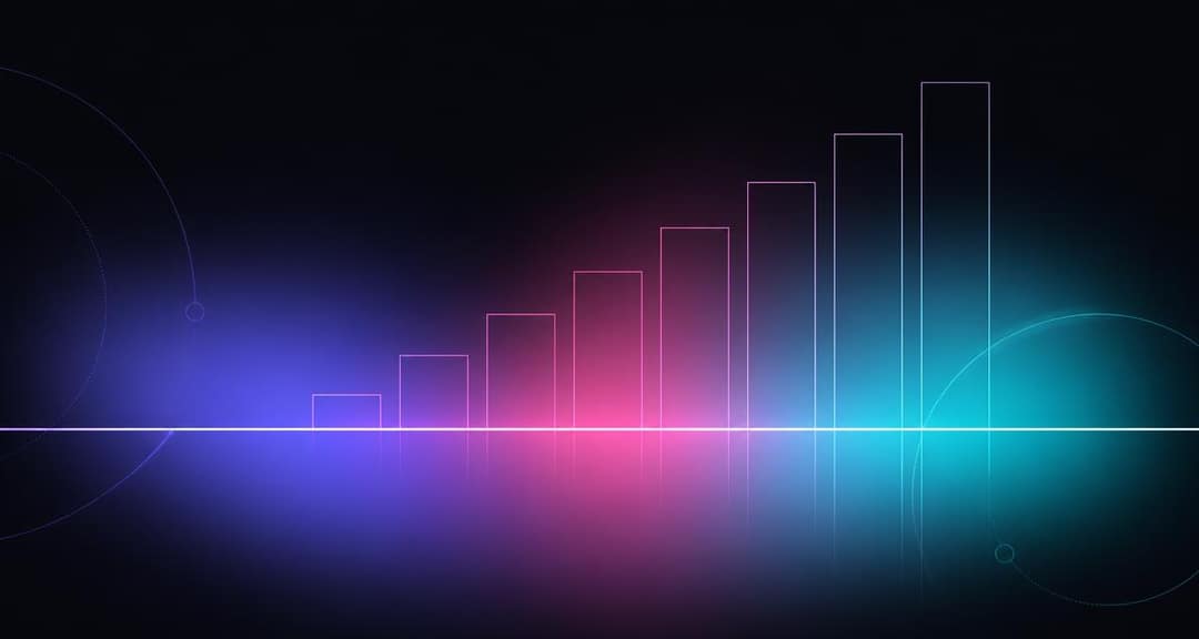 Abstract brand artwork of ascending bars crossing a bright horizontal threshold line.