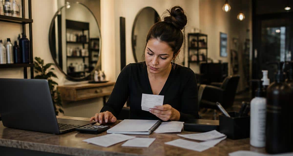 Photograph of a booth renter and salon owner going over tax paperwork at the front desk.