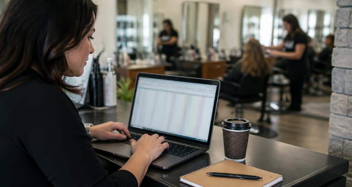 Photograph of a front-desk computer exporting a salon client list to a spreadsheet.