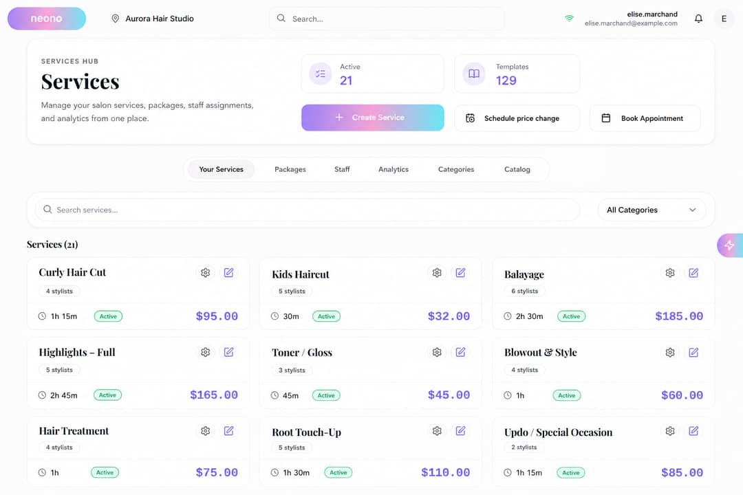 NeonO services hub: 21 active services and 129 templates, with duration, assigned stylists and price on every service card, plus packages, staff, analytics and catalogue tabs
