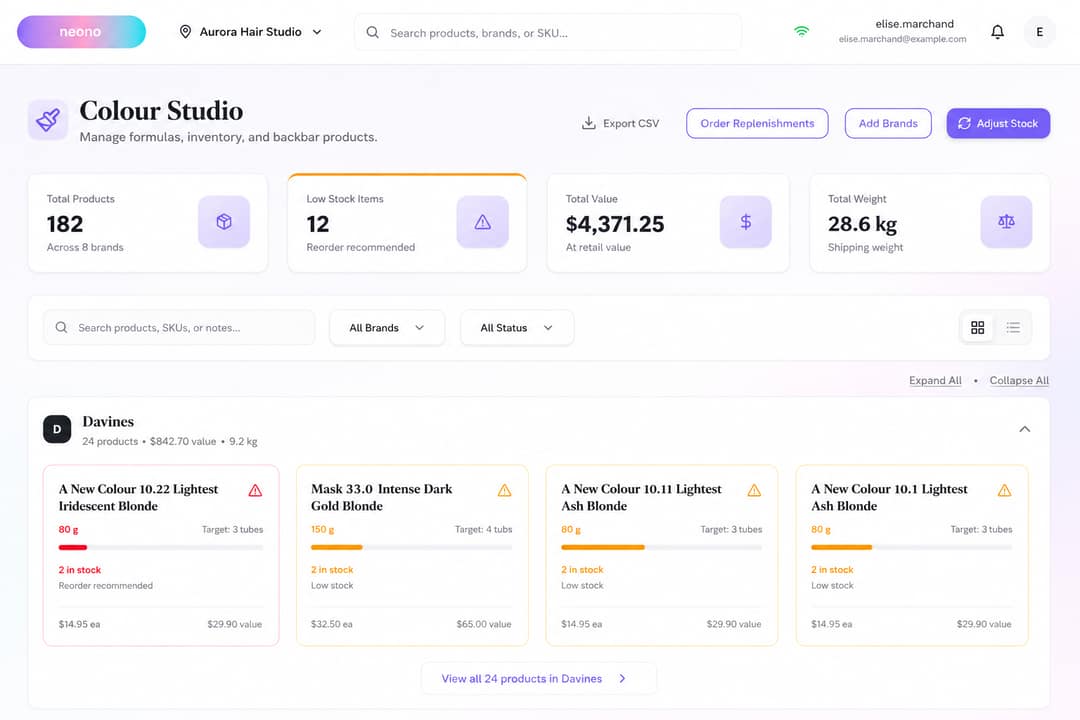 NeonO Colour Studio stock view: 182 products across 8 brands, 12 low-stock items, $4,371.25 total value and per-tube gram levels with reorder recommendations