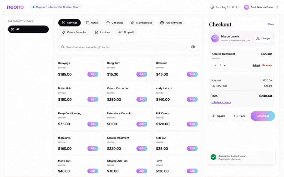 NeonO register: service, retail, gift card and membership tabs with a checkout panel showing a $220 keratin treatment, 13% HST and a $248.60 total