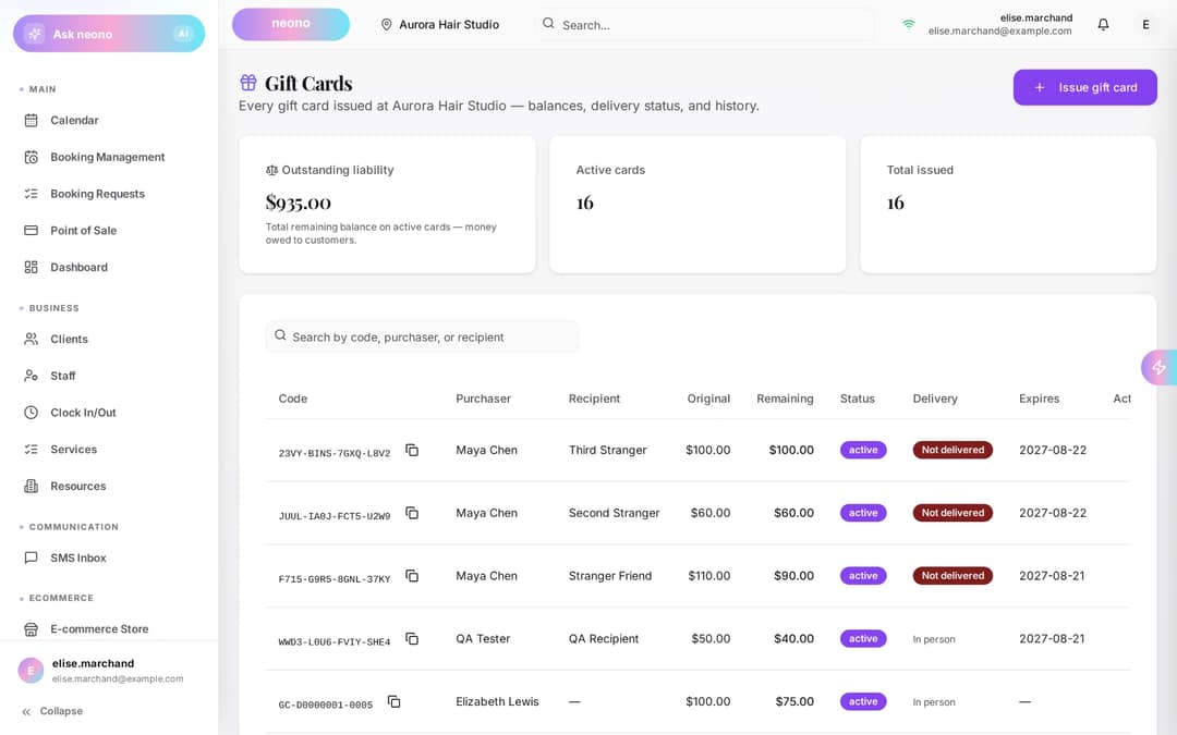 NeonO gift cards screen: $935.00 outstanding liability, 16 active cards and a table of codes with purchaser, remaining balance, delivery status and expiry