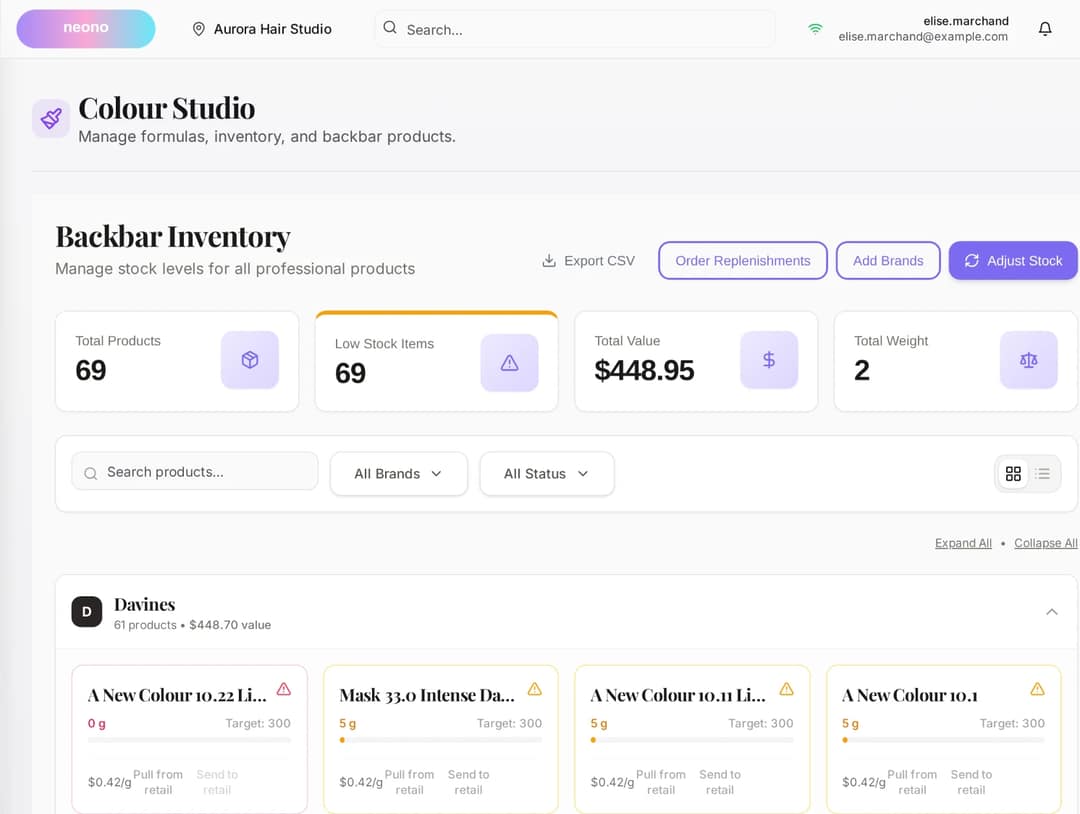 NeonO backbar inventory: 69 professional products, low-stock warnings, total value $448.95, and per-tube gram levels with pull-from-retail and send-to-retail actions