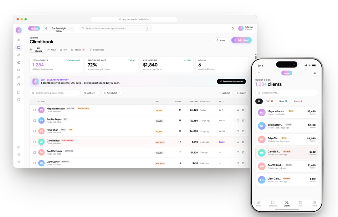 NeonO client book on desktop and phone: 1,284 clients, 72% rebooking, $1,840 average lifetime value and a win-back list of at-risk clients