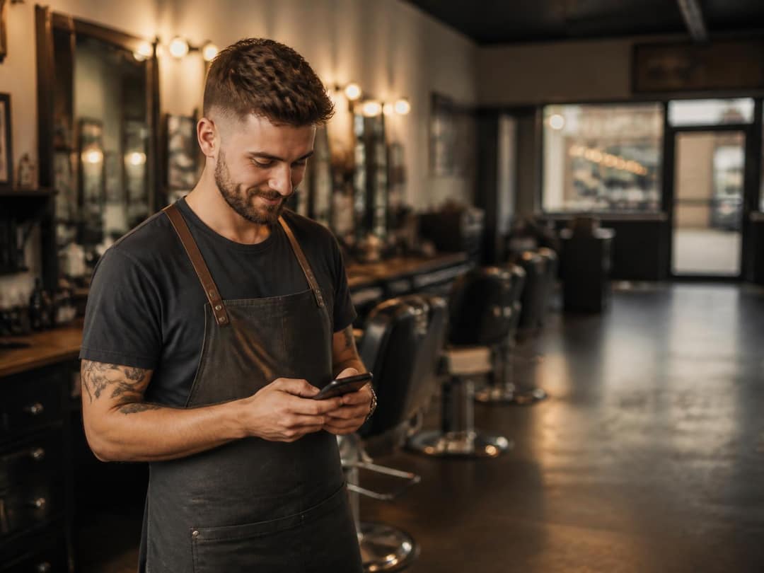 Barber checking his phone at the end of the day in his shop