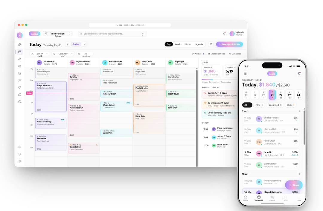 NeonO dashboard on desktop with the owner app open on a phone beside it