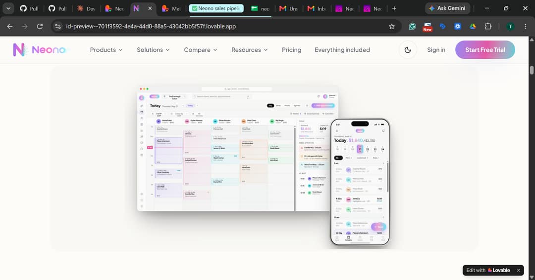 NeonO appointments calendar on desktop and phone: multi-staff day view with colour-coded appointments, waitlist alerts, and live revenue totals