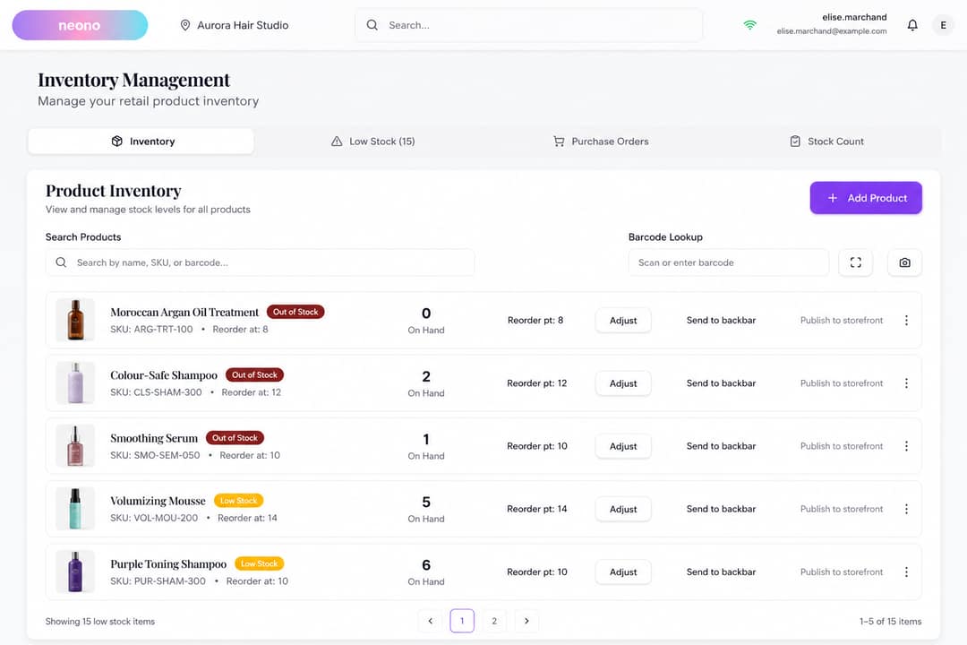 NeonO inventory management: product list with SKUs, on-hand counts, reorder points, out-of-stock and low-stock badges, plus barcode lookup and send-to-backbar actions