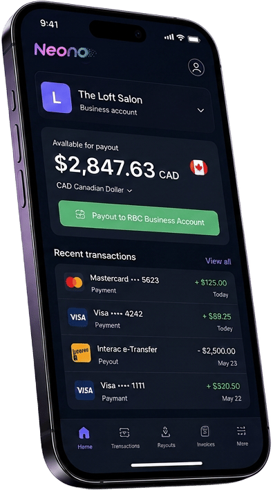 Écran des revenus NeonO sur un téléphone montrant un versement prêt à déposer dans un compte d'entreprise canadien