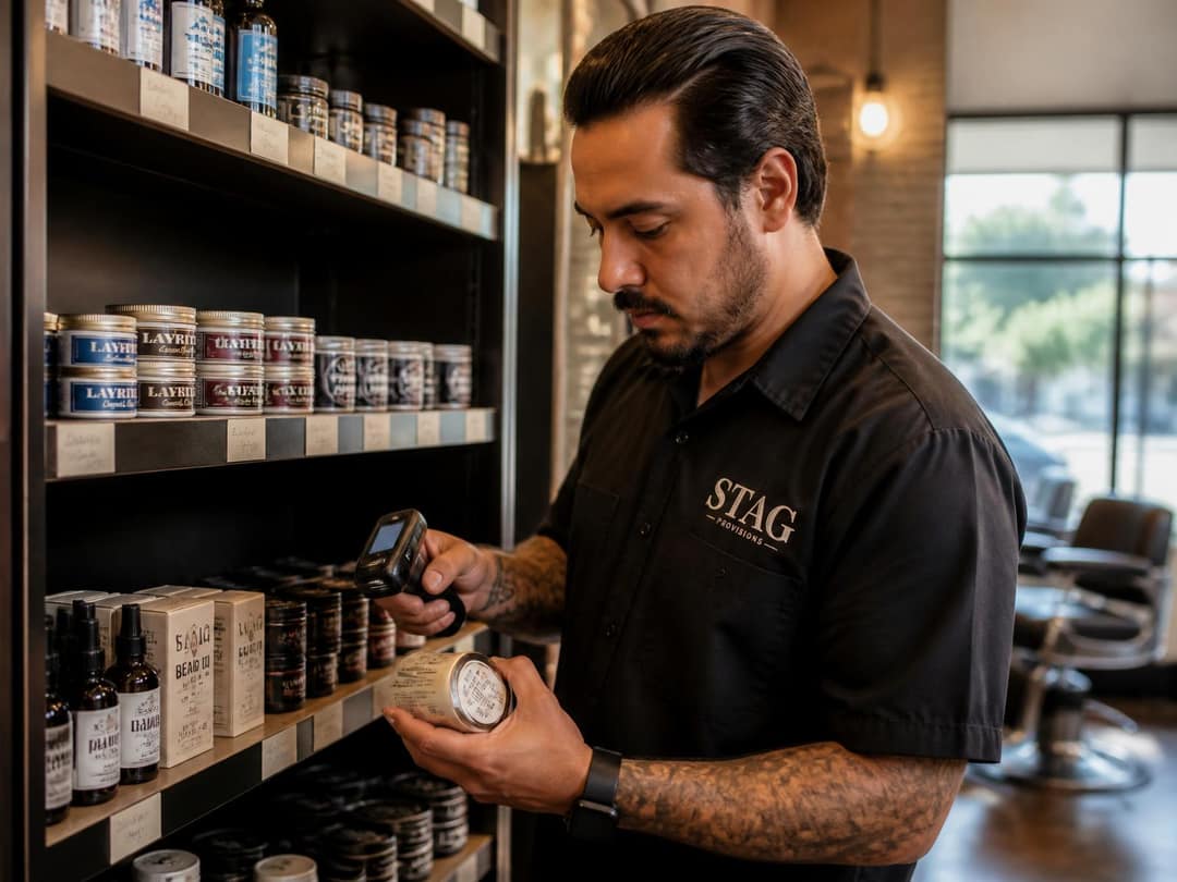Barber restocking a retail shelf of pomade and beard oil, scanning a tin with a handheld barcode scanner