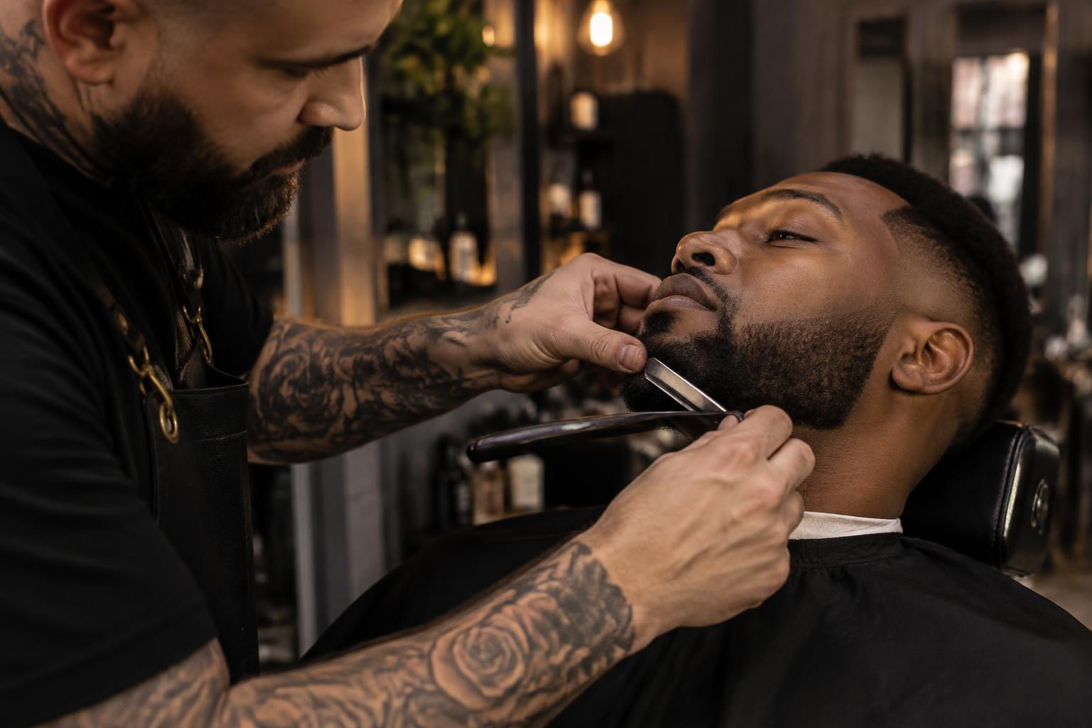 Barbier traçant la ligne de barbe d'un client au rasoir droit