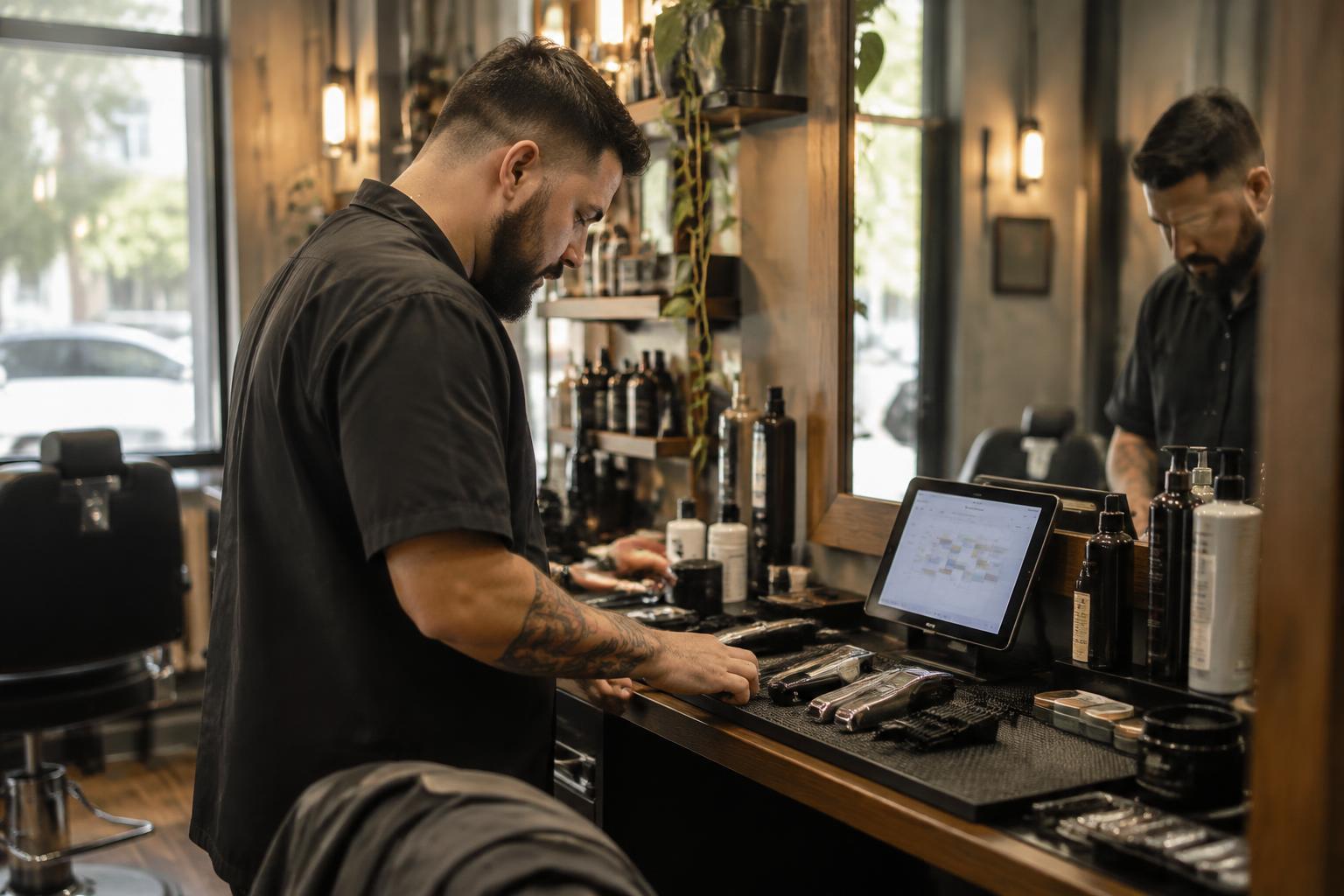 Barbier à son propre poste vérifiant les réservations du jour sur une tablette