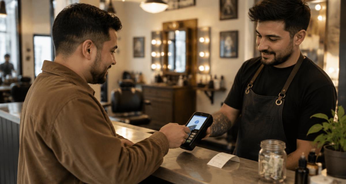 Photographie d'un client qui paie par carte sans contact sur un terminal tenu par un barbier au comptoir.