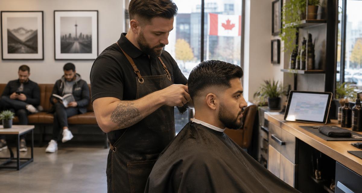 Photograph of a barber finishing a fade while a tablet on the station shows the day's bookings.