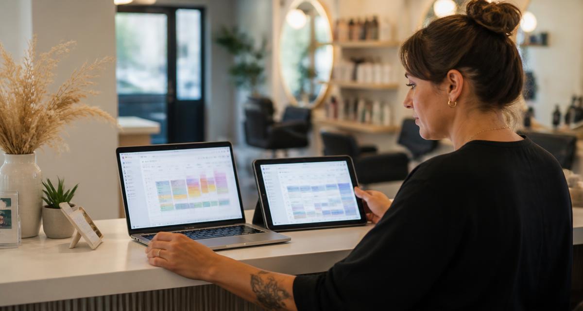 Salon owner comparing Fresha and Vagaro in Canada Photograph of a Canadian salon owner comparing two booking platforms on a laptop and tablet at the front desk.