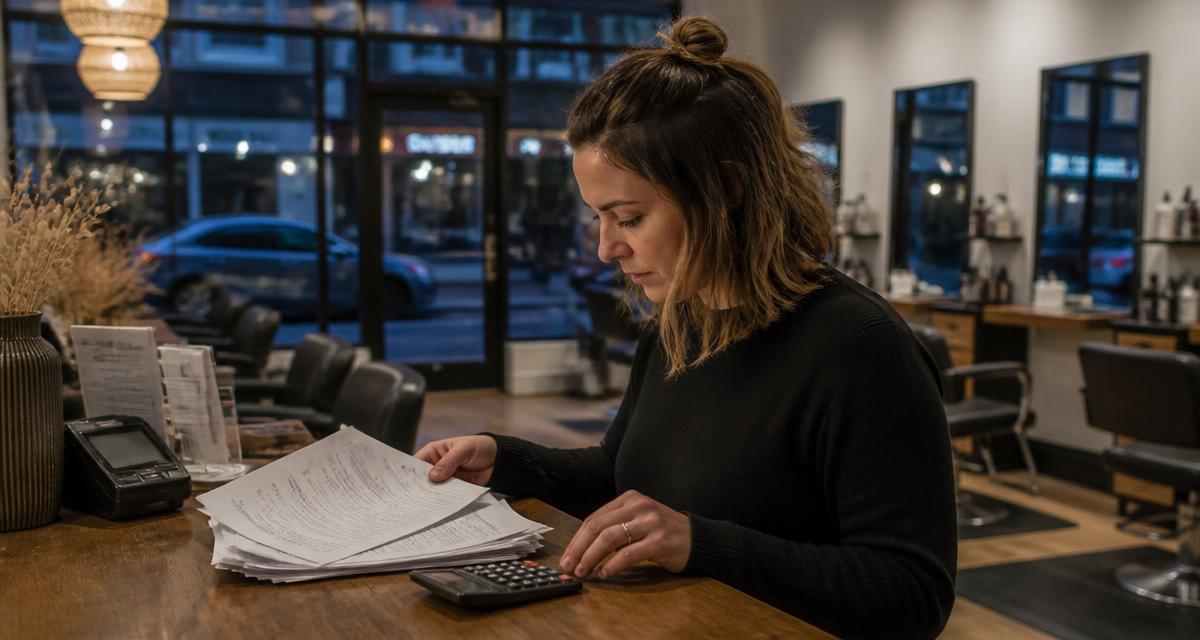 Salon owner reconciling processing statements after close Photograph of a salon owner reviewing card processing statements with a calculator at closing time.