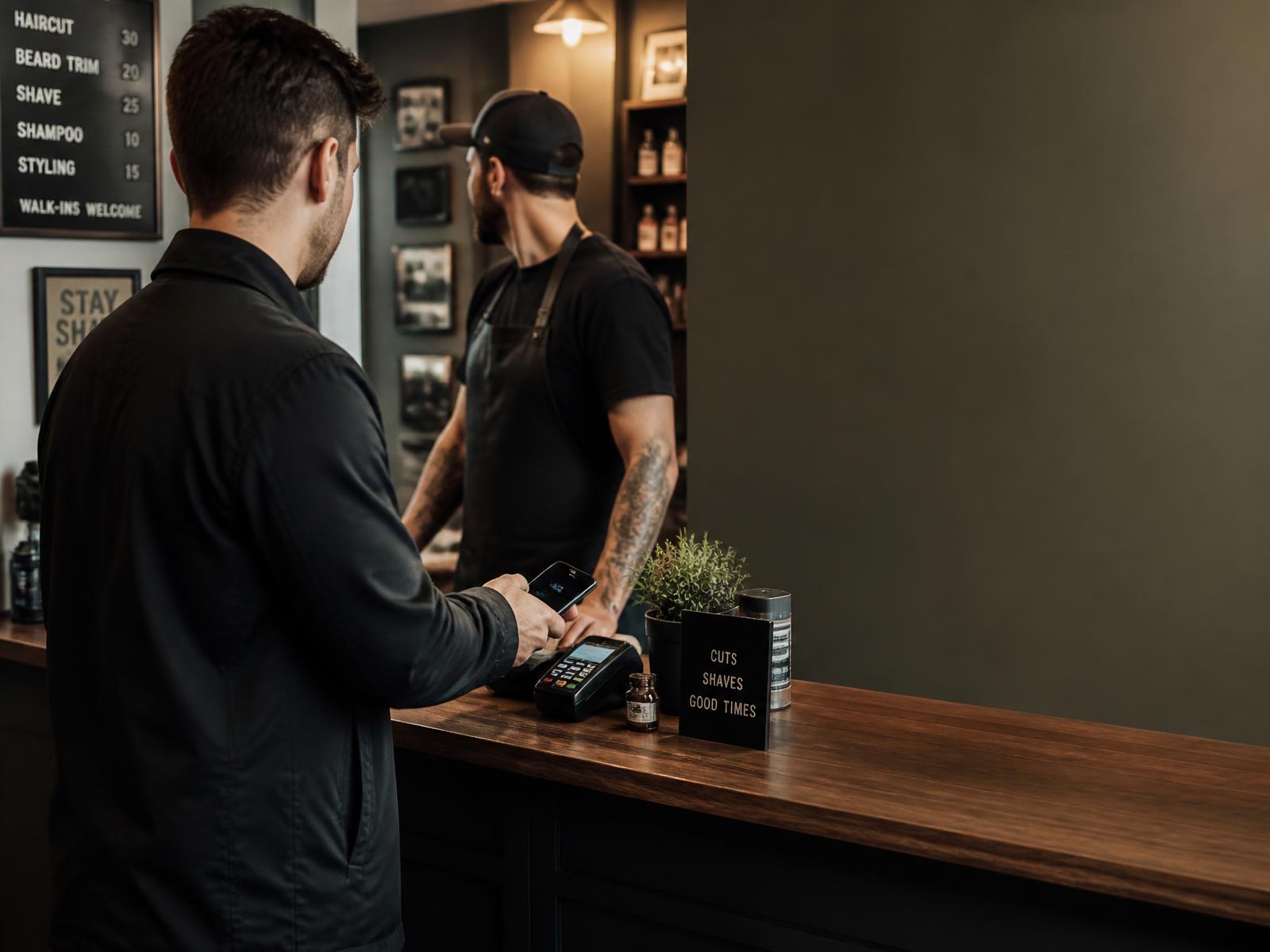 Client tapping his phone to pay at the barbershop front counter