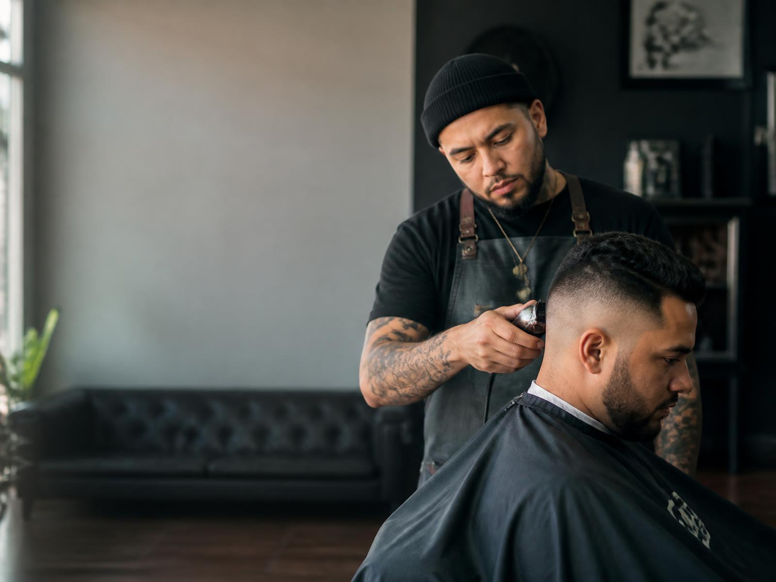 Barber working a skin fade on a client in a modern barbershop chair