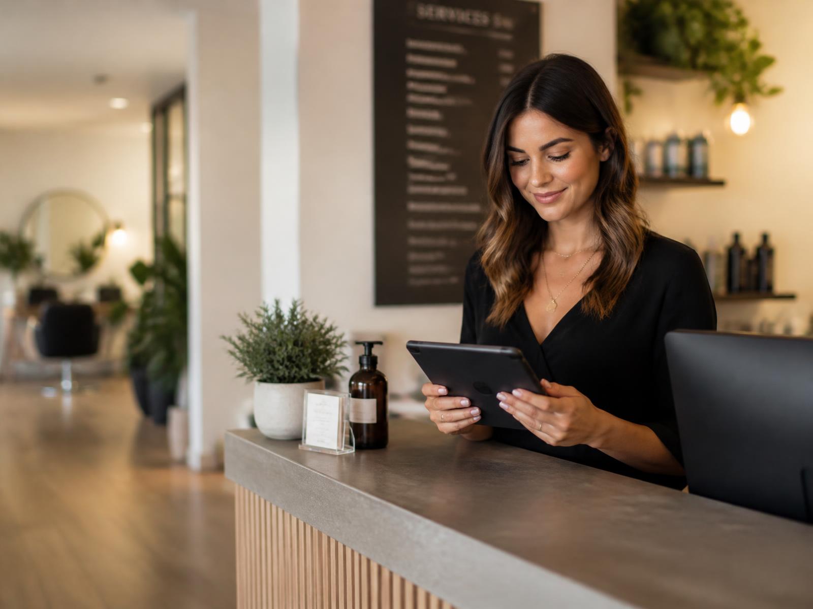Salon receptionist checking the day's appointments on a tablet at the front desk