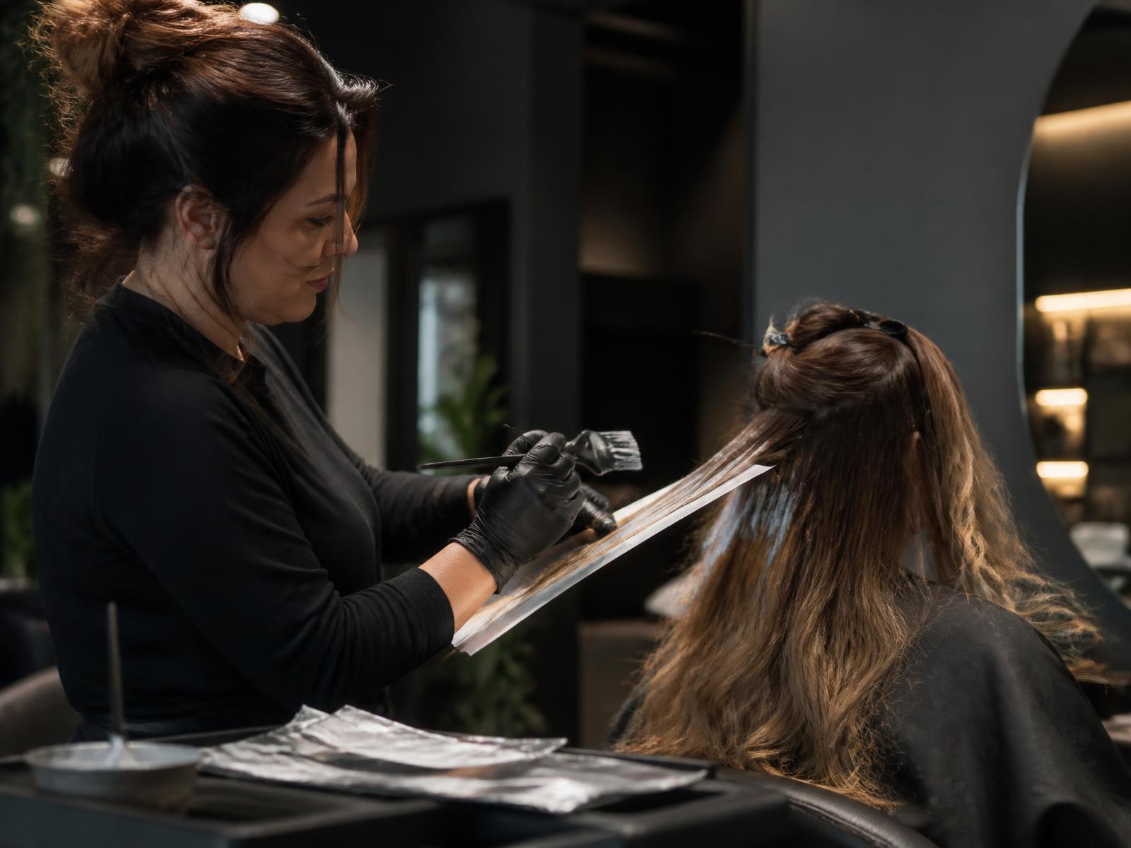 Stylist applying colour at the chair while a second client waits to be seated nearby