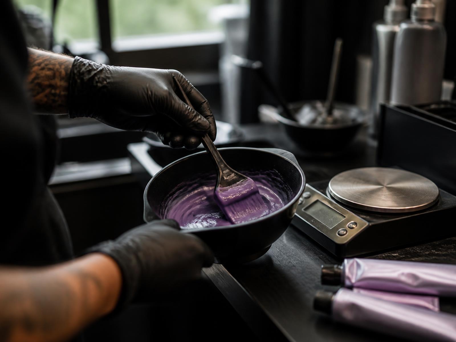 Colourist in black gloves mixing violet toner in a tint bowl beside a gram scale