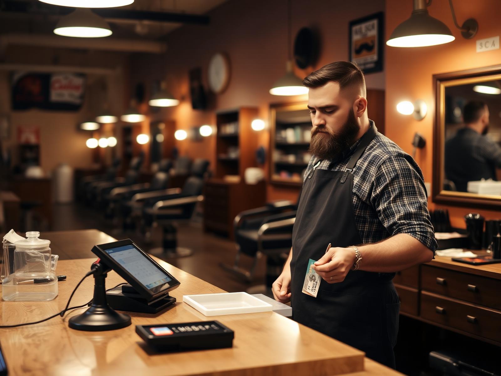 Barbershop owner counting the till at the front counter after closing, tablet and card terminal beside him