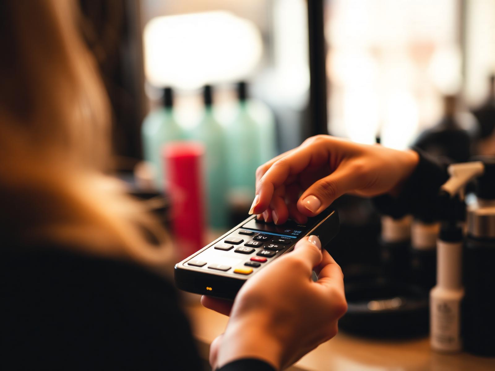 Salon client tapping a tip amount on a handheld card terminal held out by her stylist at the front counter