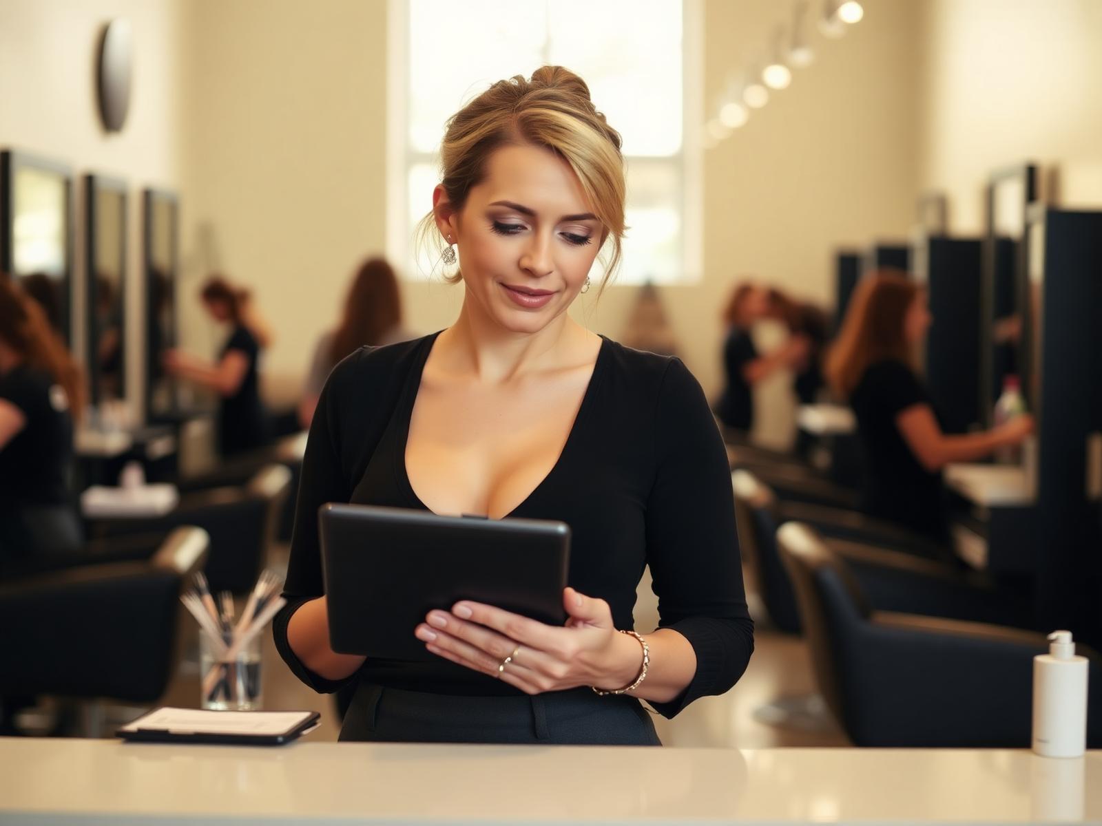 Salon owner reviewing the week at the front desk