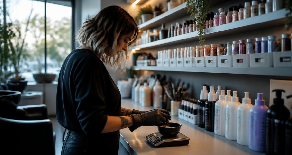 Photograph of a stylist weighing colour on a digital scale in front of an organised salon backbar.