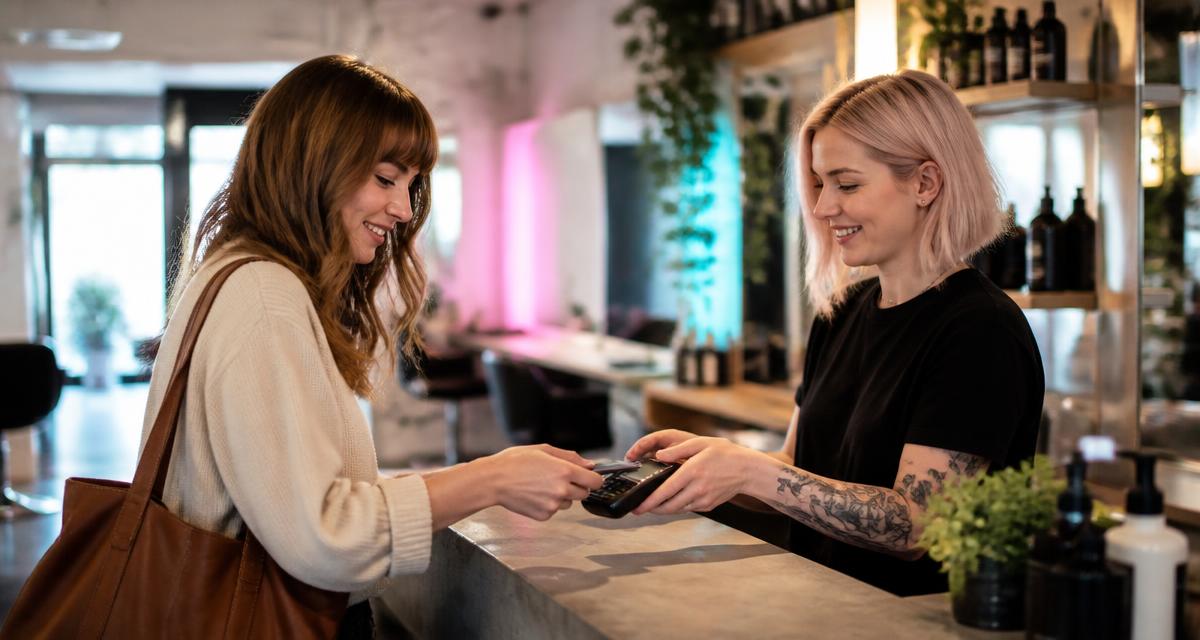 Photograph of a returning client paying by tap at a salon checkout counter while the stylist smiles.