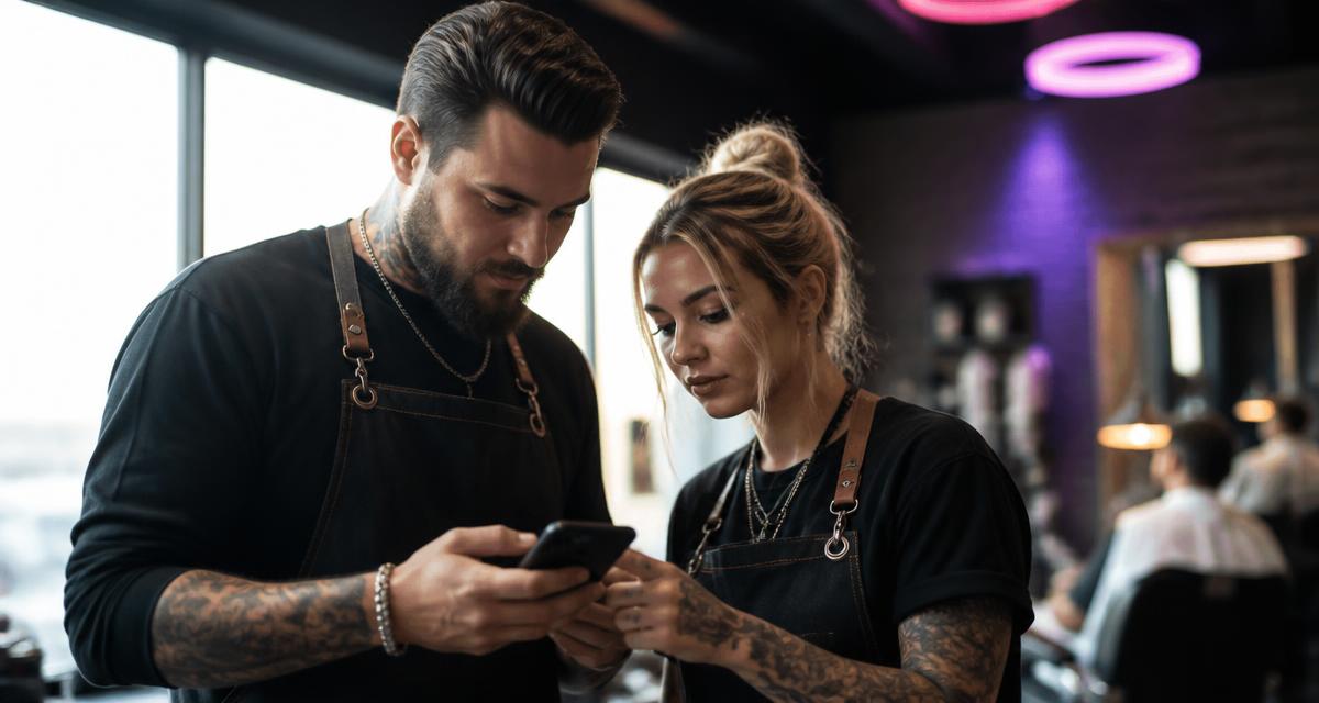 Two salon professionals reviewing client messages on a phone between appointments.