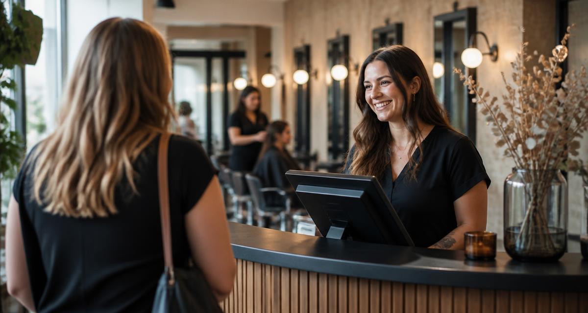 Returning client greeted by name at a salon reception desk.