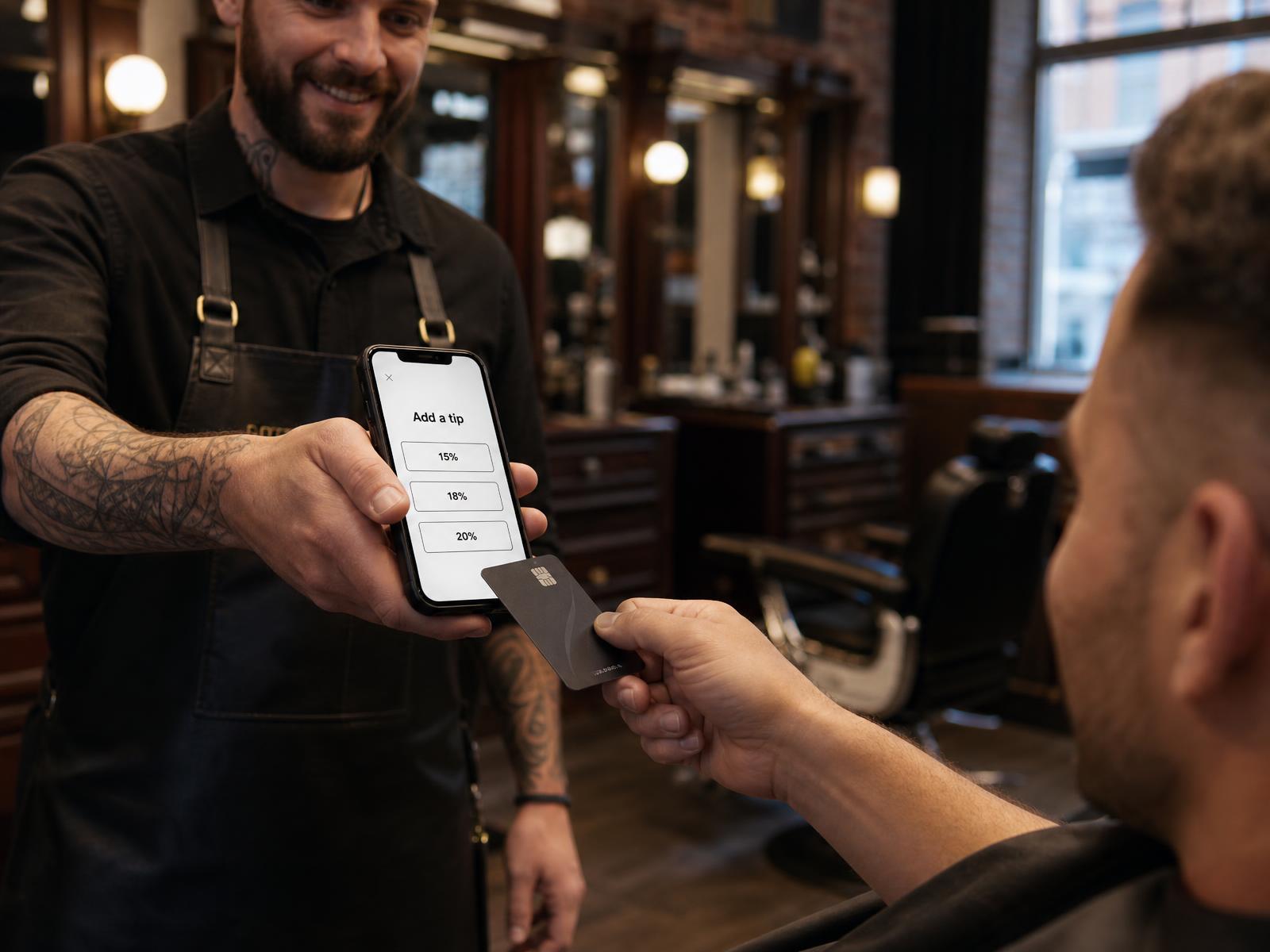 Barber holding a phone showing a tip prompt while a client taps a contactless card
