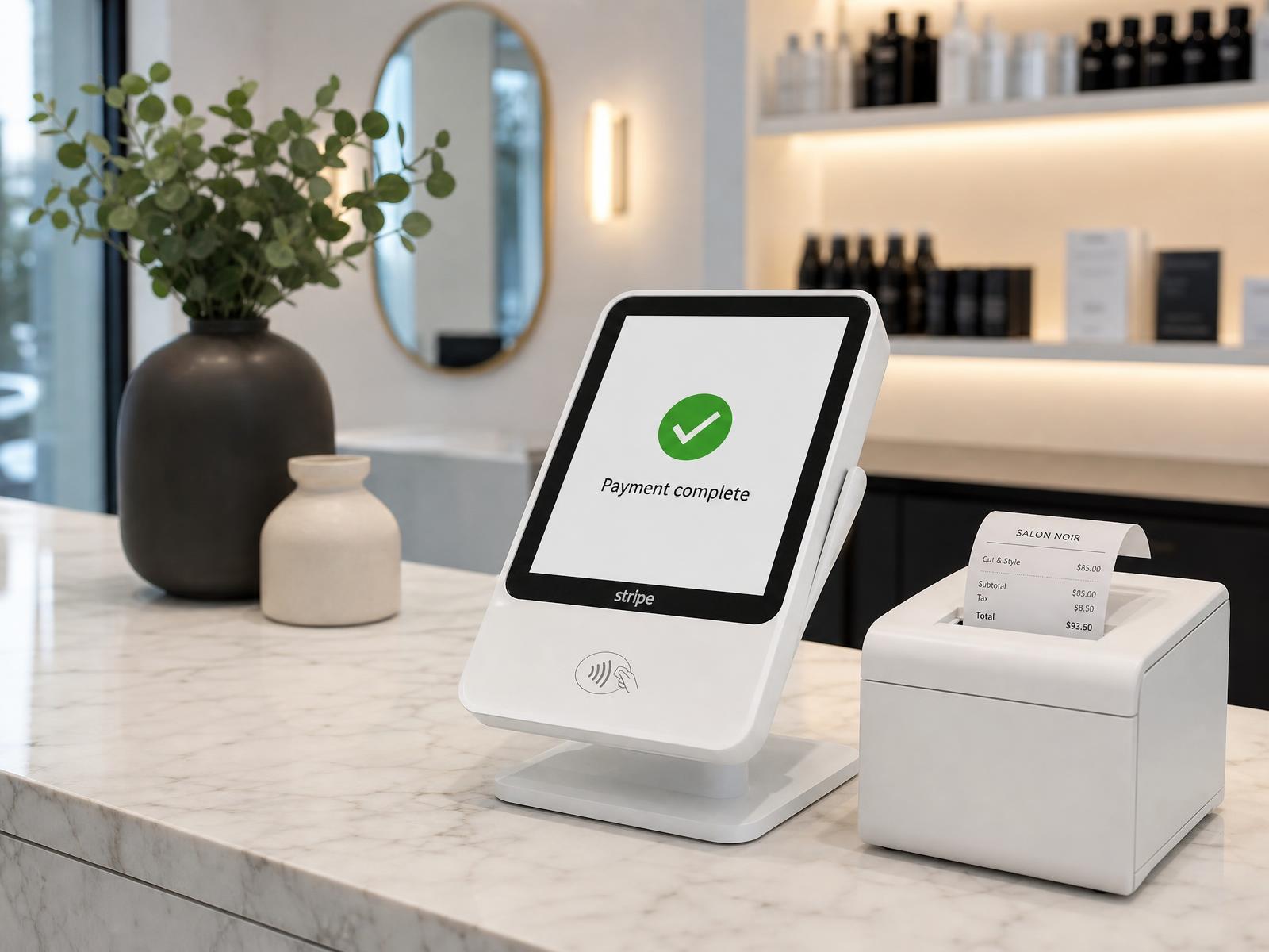 White countertop card reader on a salon reception desk beside a receipt printer, showing a completed payment