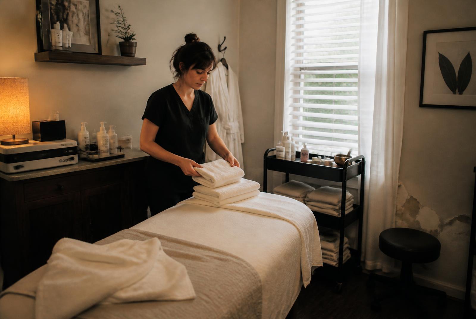 A spa treatment room being reset between clients, fresh linens on the table and soft daylight through the window